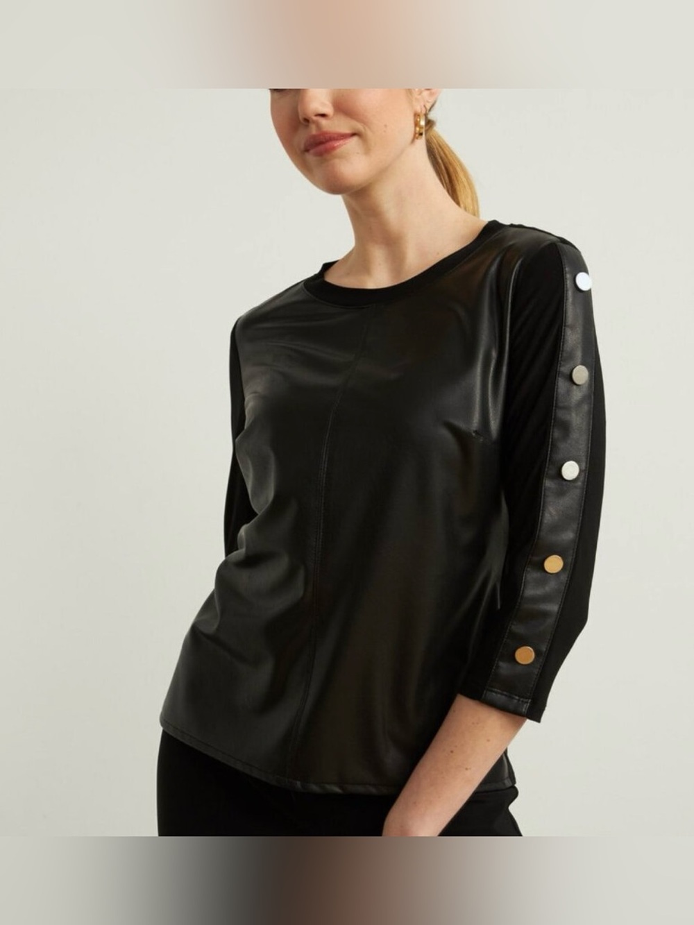 Joseph Ribkoff Black Faux-Leather Front Long Sleeve Button-Trim Top - size 14